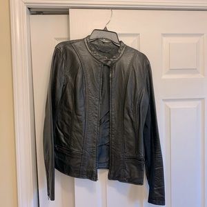 Black (faux) leather jacket w stretchy arms